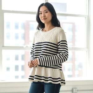 Talbots Peplum Sweater Cream Navy Blue Striped Nautical Cotton Size 1X Plus